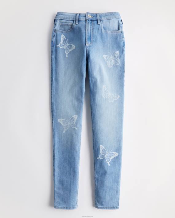 Hollister Kvinder buede højtaljede mellemvaskede super skinny jeans med sommerfugleprint 2H8Z732 bunde medium vask