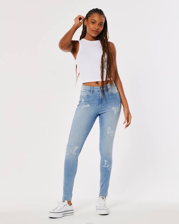 Hollister Kvinder buede højtaljede mellemvaskede super skinny jeans med sommerfugleprint 2H8Z732 bunde medium vask