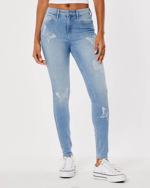 Hollister Kvinder buede højtaljede mellemvaskede super skinny jeans med sommerfugleprint 2H8Z732 bunde medium vask