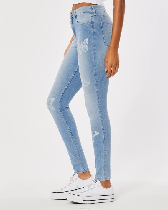 Hollister Kvinder buede højtaljede mellemvaskede super skinny jeans med sommerfugleprint 2H8Z732 bunde medium vask