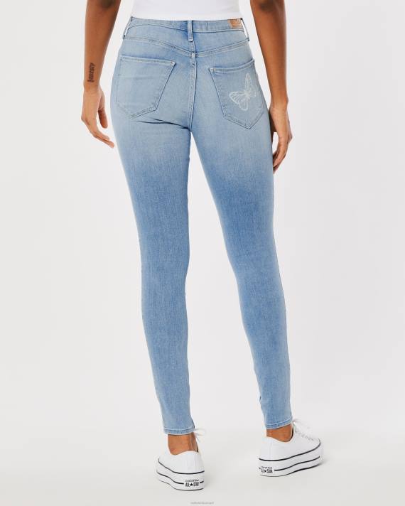 Hollister Kvinder buede højtaljede mellemvaskede super skinny jeans med sommerfugleprint 2H8Z732 bunde medium vask