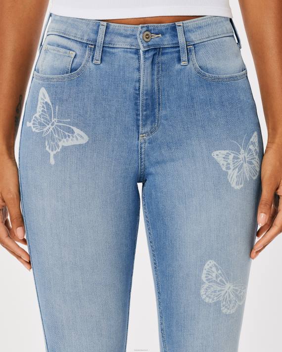 Hollister Kvinder buede højtaljede mellemvaskede super skinny jeans med sommerfugleprint 2H8Z732 bunde medium vask