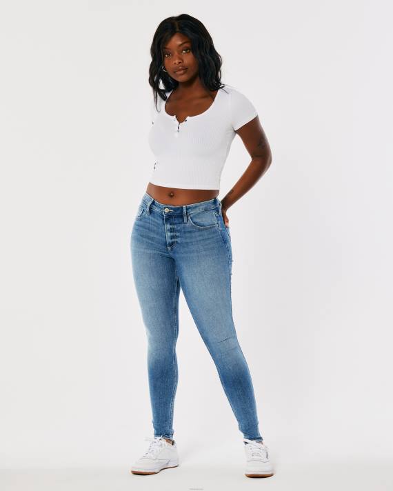 Hollister Kvinder buede mellemhøje mellemvaskede super skinny jeans 2H8Z750 bunde medium vask
