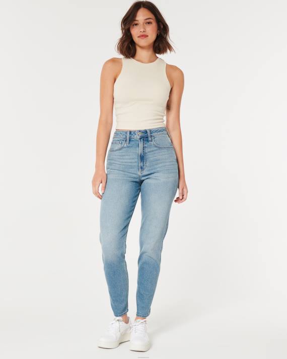 Hollister Kvinder buede, ultrahøje mellemvaskede mom-jeans 2H8Z484 bunde medium vask