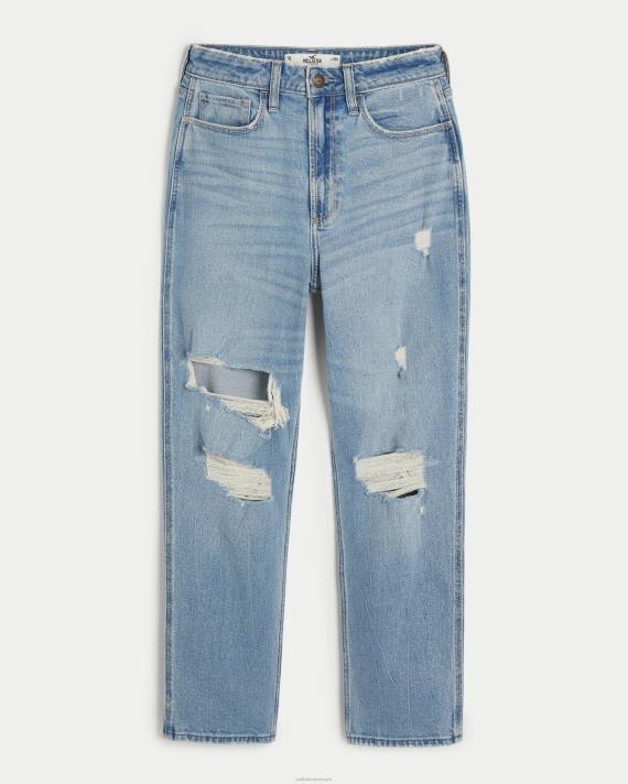 Hollister Kvinder buede, ultrahøje rippede mellemvaskede mom-jeans 2H8Z515 bunde let medium rippet vask