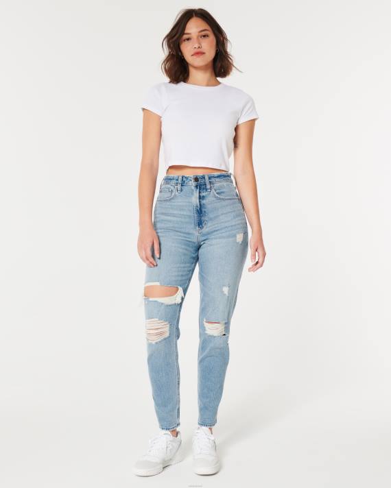 Hollister Kvinder buede, ultrahøje rippede mellemvaskede mom-jeans 2H8Z515 bunde let medium rippet vask
