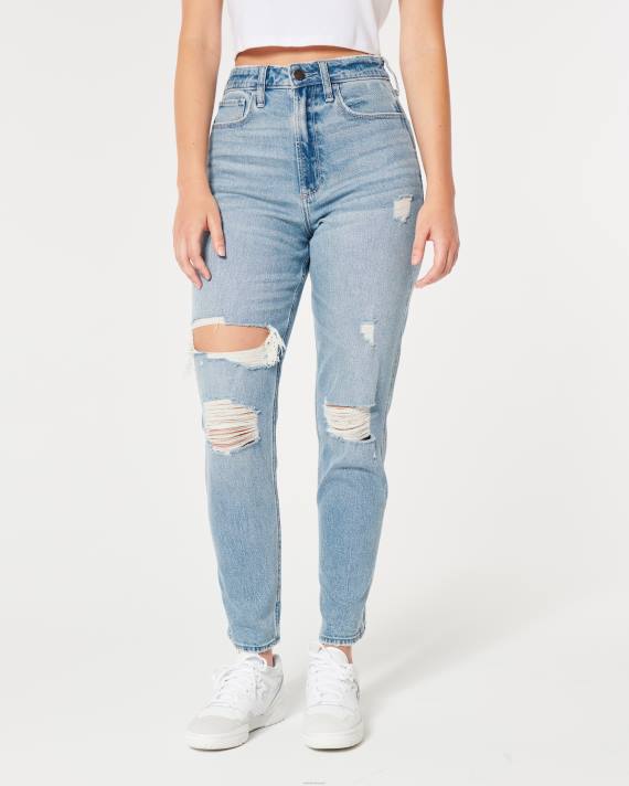 Hollister Kvinder buede, ultrahøje rippede mellemvaskede mom-jeans 2H8Z515 bunde let medium rippet vask