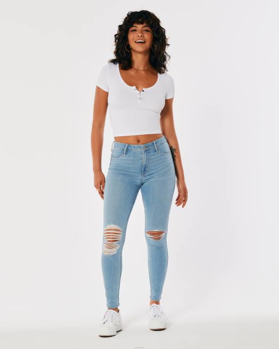 Hollister Kvinder højtaljede flåede jeanleggings med mellemvask 2H8Z660 bunde let rippet vask
