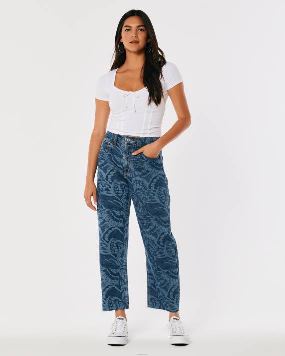 Hollister Kvinder high-rise dark wash butterfly print barrel jeans 2H8Z699 bunde mørkt tryk