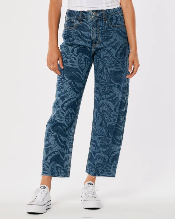 Hollister Kvinder high-rise dark wash butterfly print barrel jeans 2H8Z699 bunde mørkt tryk