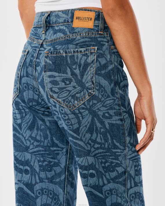 Hollister Kvinder high-rise dark wash butterfly print barrel jeans 2H8Z699 bunde mørkt tryk