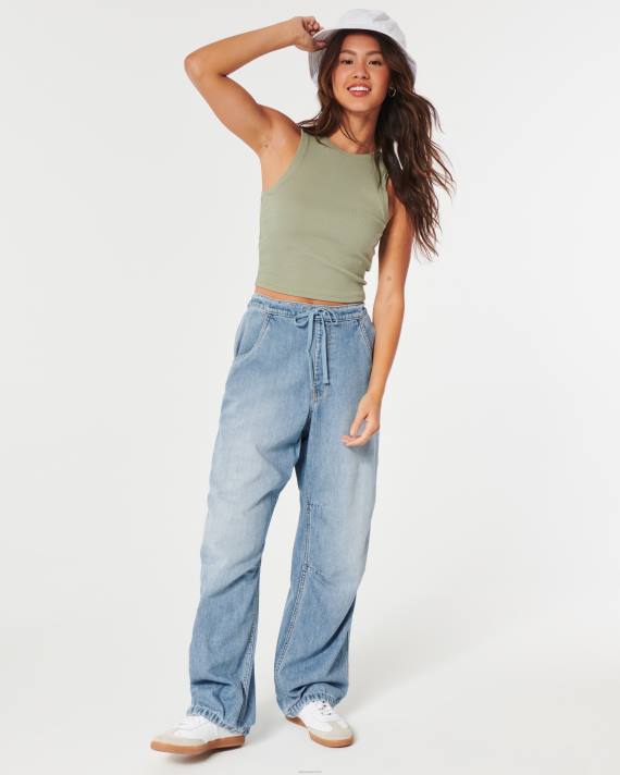 Hollister Kvinder justerbar højde mellemvask baggy parachute jeans 2H8Z662 bunde medium vask