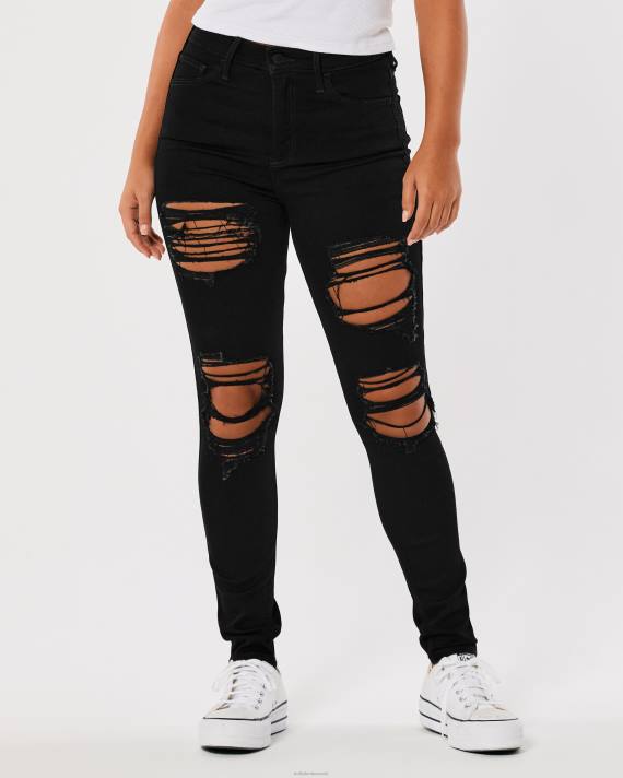 Hollister Kvinder kurvede høje rippet sorte super skinny jeans 2H8Z557 bunde sort ødelægge