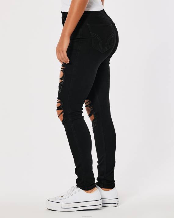 Hollister Kvinder kurvede høje rippet sorte super skinny jeans 2H8Z557 bunde sort ødelægge