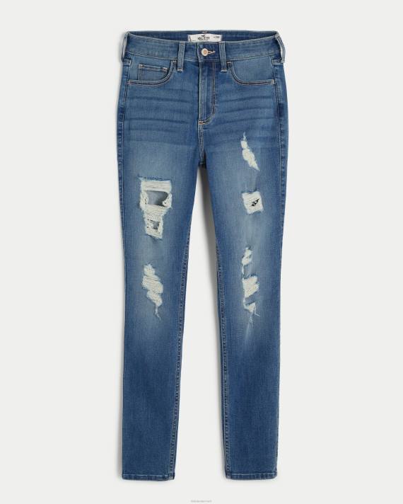 Hollister Kvinder kurvede højhuse, flåede mellemvaskede super skinny jeans 2H8Z561 bunde medium rippet vask