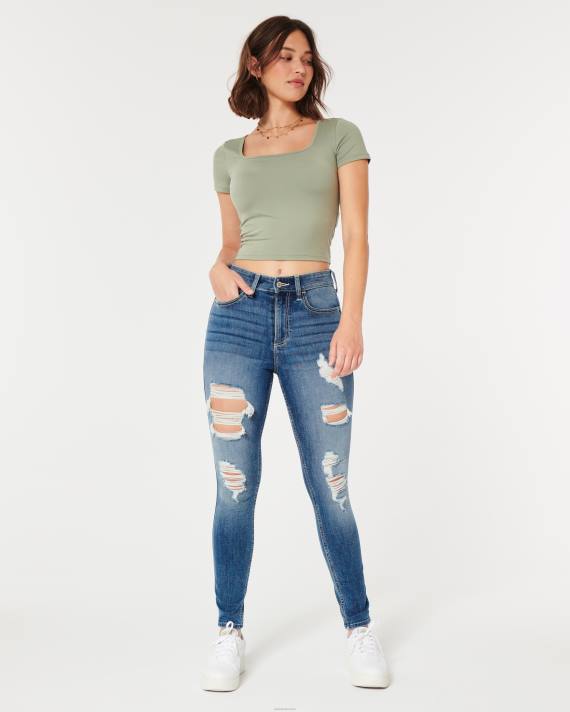 Hollister Kvinder kurvede højhuse, flåede mellemvaskede super skinny jeans 2H8Z561 bunde medium rippet vask