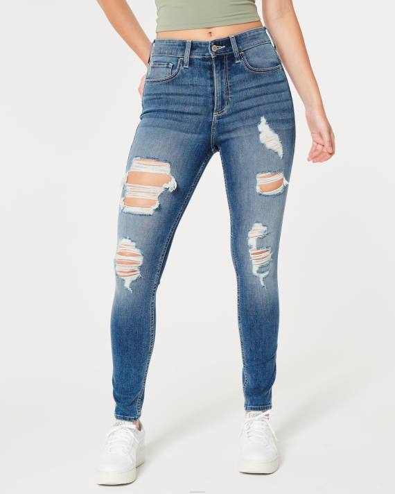 Hollister Kvinder kurvede højhuse, flåede mellemvaskede super skinny jeans 2H8Z561 bunde medium rippet vask
