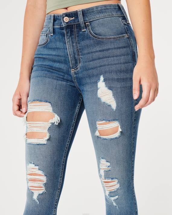 Hollister Kvinder kurvede højhuse, flåede mellemvaskede super skinny jeans 2H8Z561 bunde medium rippet vask