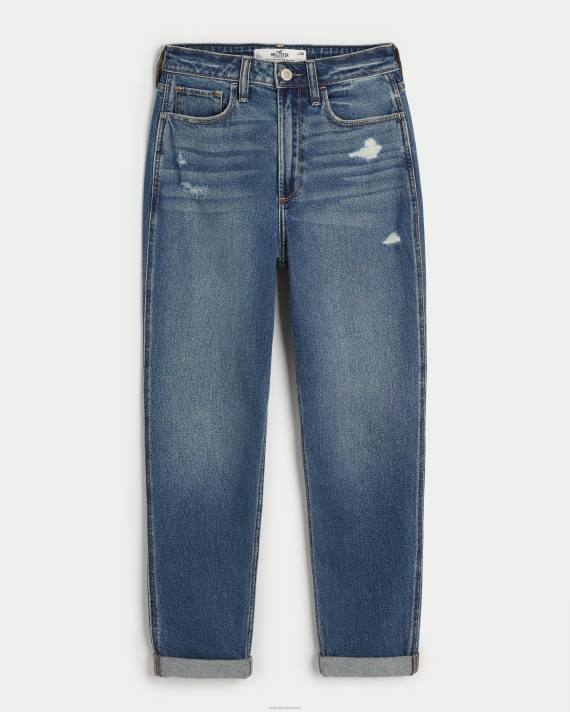 Hollister Kvinder kurvede, ultra højhuse revne mørke vask mom jeans 2H8Z539 bunde medium rippet vask