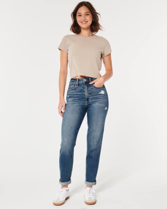 Hollister Kvinder kurvede, ultra højhuse revne mørke vask mom jeans 2H8Z539 bunde medium rippet vask