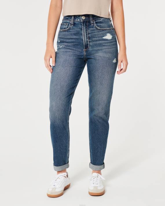 Hollister Kvinder kurvede, ultra højhuse revne mørke vask mom jeans 2H8Z539 bunde medium rippet vask