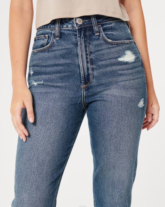 Hollister Kvinder kurvede, ultra højhuse revne mørke vask mom jeans 2H8Z539 bunde medium rippet vask
