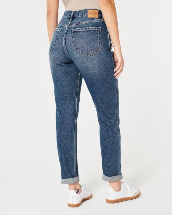 Hollister Kvinder kurvede, ultra højhuse revne mørke vask mom jeans 2H8Z539 bunde medium rippet vask