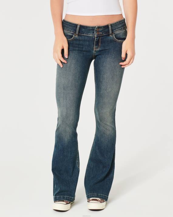 Hollister Kvinder lavtaljede mørkevaskede y2k flare jeans 2H8Z600 bunde mørk vask