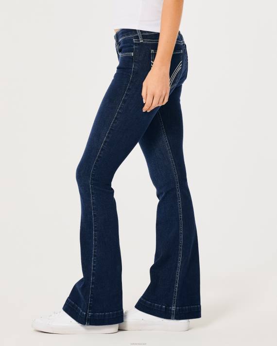 Hollister Kvinder lavtstående mørk vask flare jeans med kontrastsøm 2H8Z681 bunde mørk vask