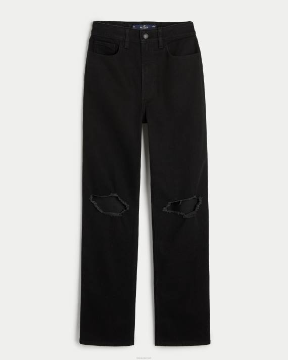 Hollister Kvinder ultra høje rippede sorte 90'er straight jeans 2H8Z592 bunde sort revet