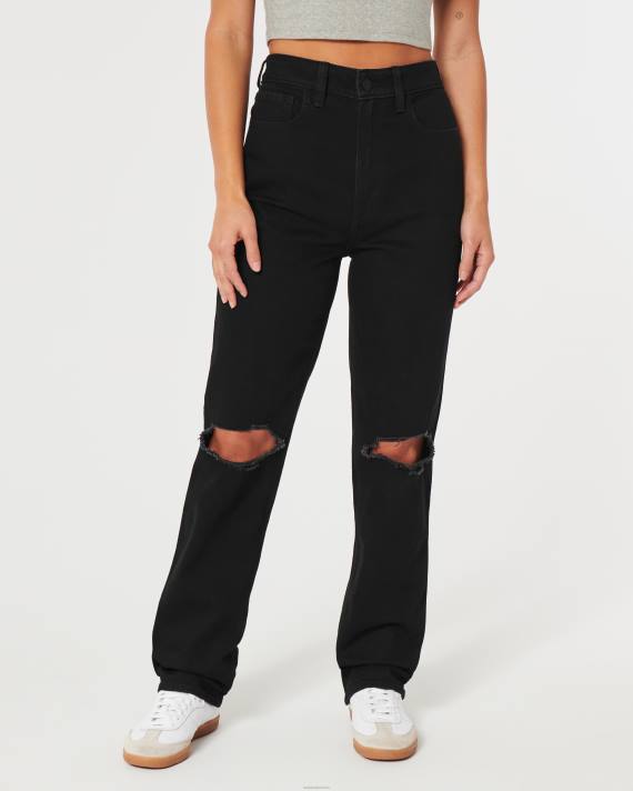 Hollister Kvinder ultra høje rippede sorte 90\'er straight jeans 2H8Z592 bunde sort revet