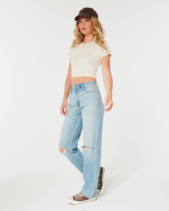 Hollister Kvinder ultra højhuse ripped light wash dad jeans 2H8Z510 bunde let rippet vask