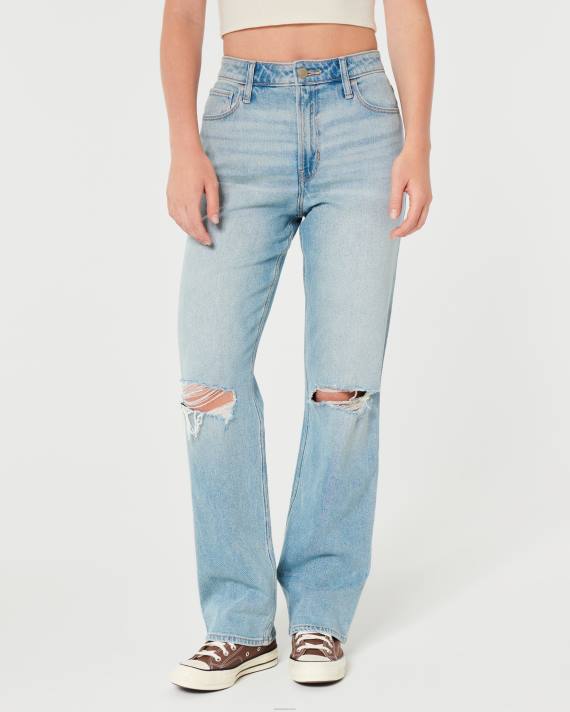 Hollister Kvinder ultra højhuse ripped light wash dad jeans 2H8Z510 bunde let rippet vask