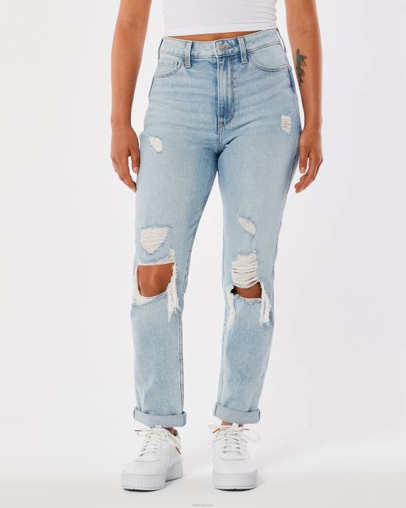 Hollister Kvinder ultra højhuse ripped light wash mom jeans 2H8Z525 bunde lys ødelægge