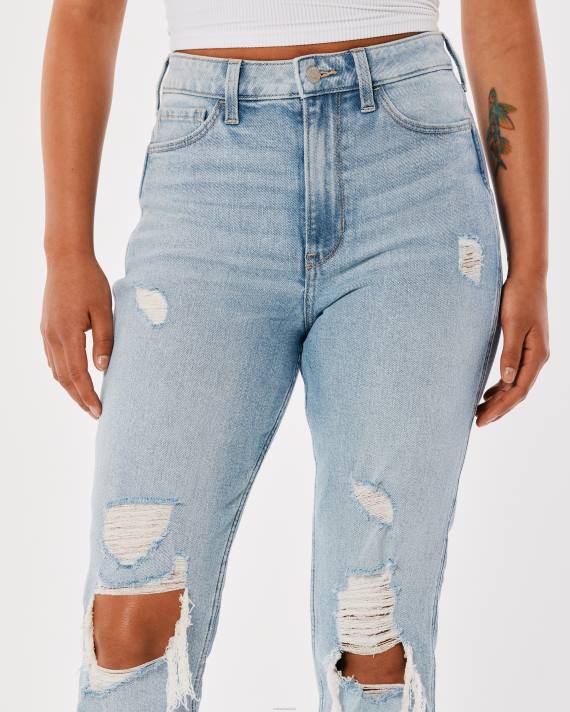 Hollister Kvinder ultra højhuse ripped light wash mom jeans 2H8Z525 bunde lys ødelægge