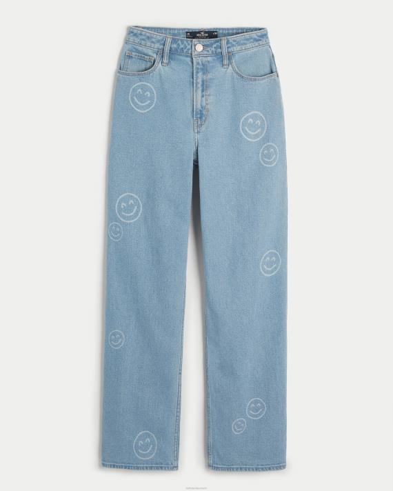 Hollister Kvinder ultra high-rise medium vask smiley print dad jeans 2H8Z702 bunde lys