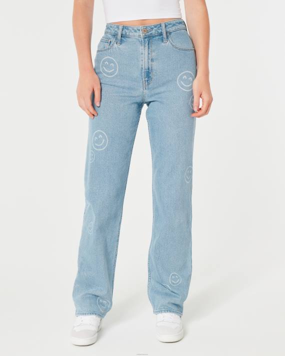 Hollister Kvinder ultra high-rise medium vask smiley print dad jeans 2H8Z702 bunde lys