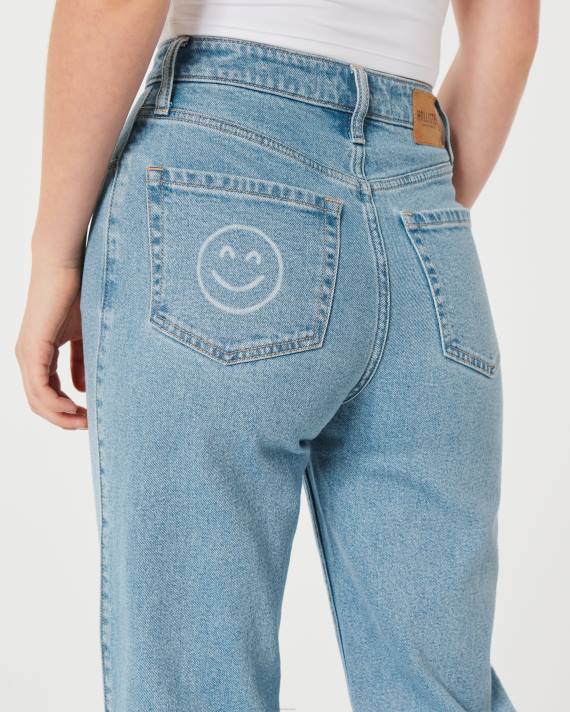 Hollister Kvinder ultra high-rise medium vask smiley print dad jeans 2H8Z702 bunde lys