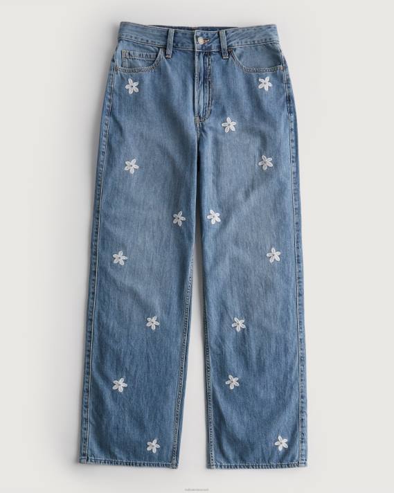 Hollister Kvinder ultra high-rise mellemvaskede blomsterbroderi baggy jeans 2H8Z687 bunde medium vask blomster