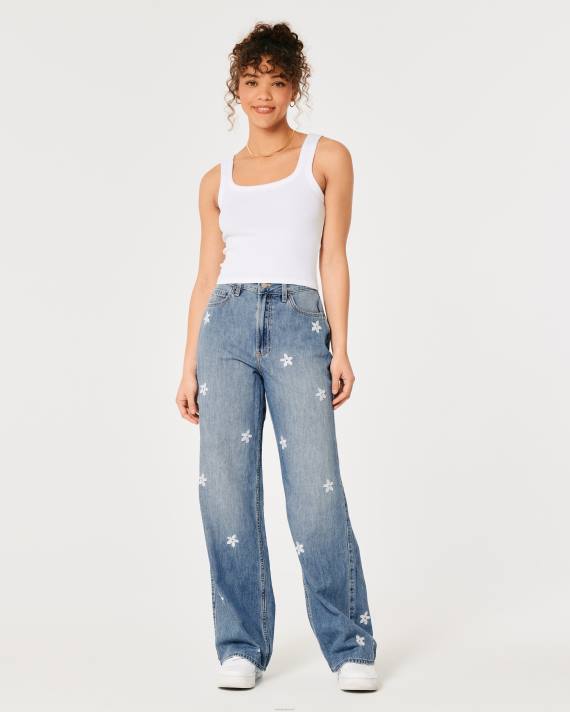 Hollister Kvinder ultra high-rise mellemvaskede blomsterbroderi baggy jeans 2H8Z687 bunde medium vask blomster