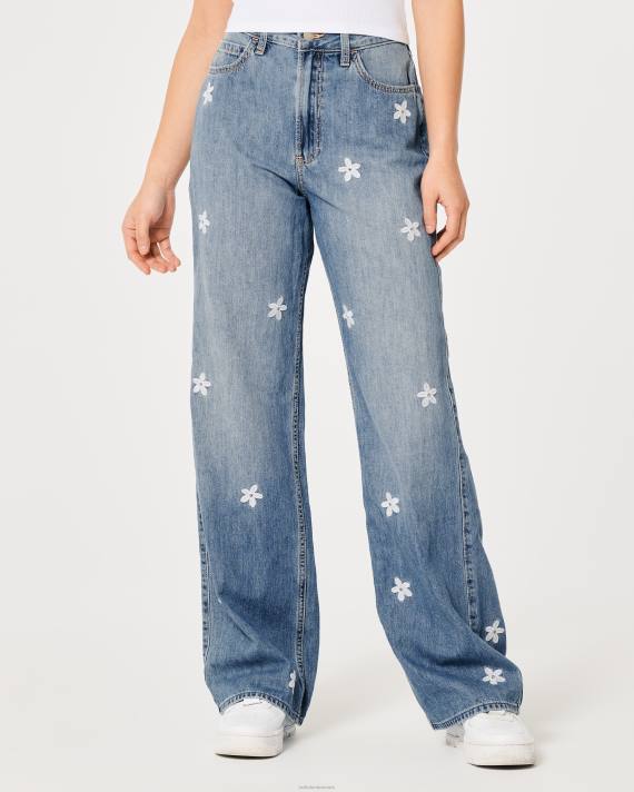 Hollister Kvinder ultra high-rise mellemvaskede blomsterbroderi baggy jeans 2H8Z687 bunde medium vask blomster