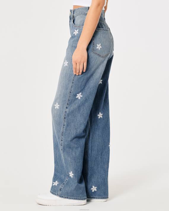 Hollister Kvinder ultra high-rise mellemvaskede blomsterbroderi baggy jeans 2H8Z687 bunde medium vask blomster