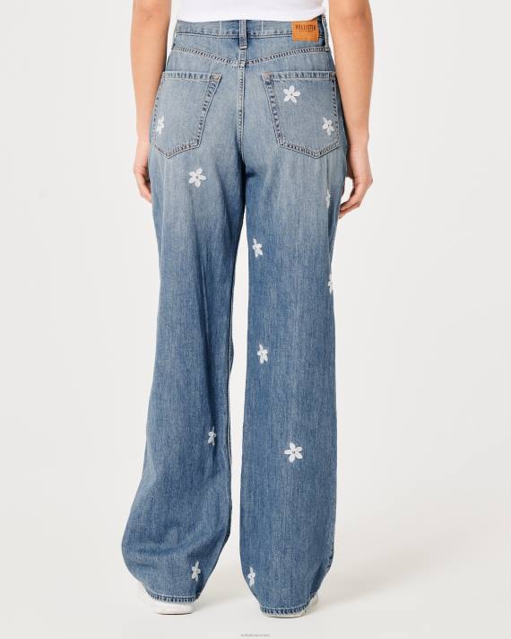 Hollister Kvinder ultra high-rise mellemvaskede blomsterbroderi baggy jeans 2H8Z687 bunde medium vask blomster