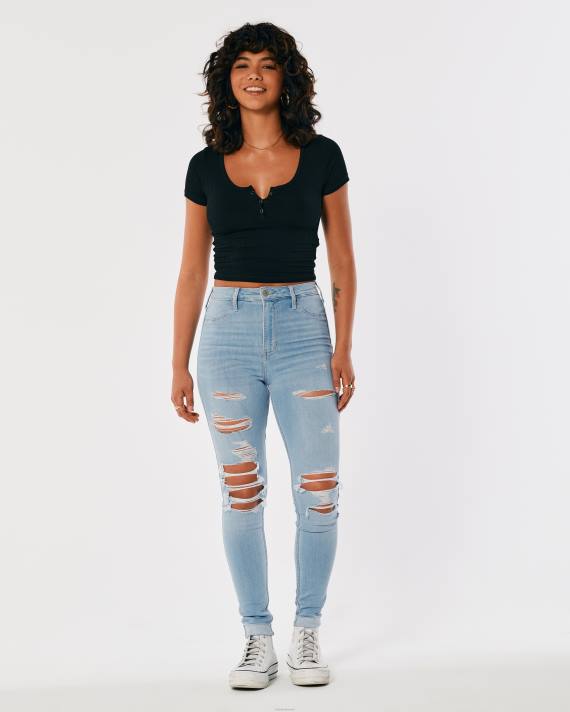 Hollister Kvinder ultra high-rise ripped light wash jean leggings 2H8Z714 bunde strimlet let vask
