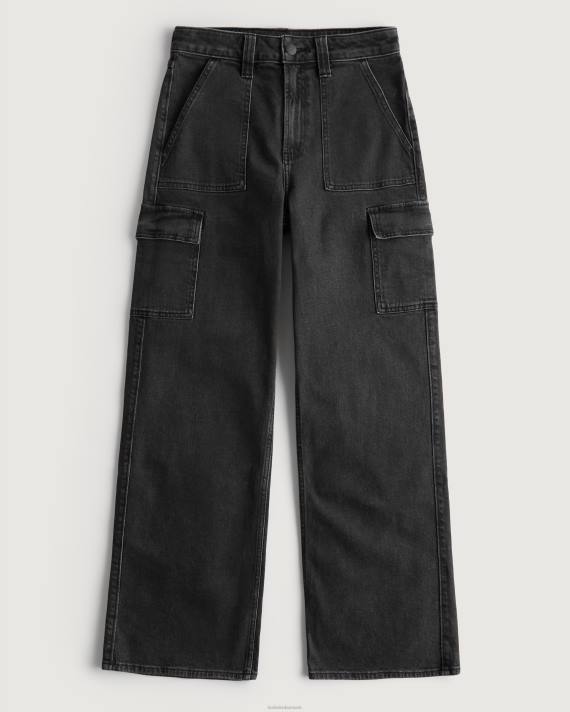 Hollister Kvinder ultra high-rise vaskede sorte cargo baggy jeans 2H8Z753 bunde sort vask