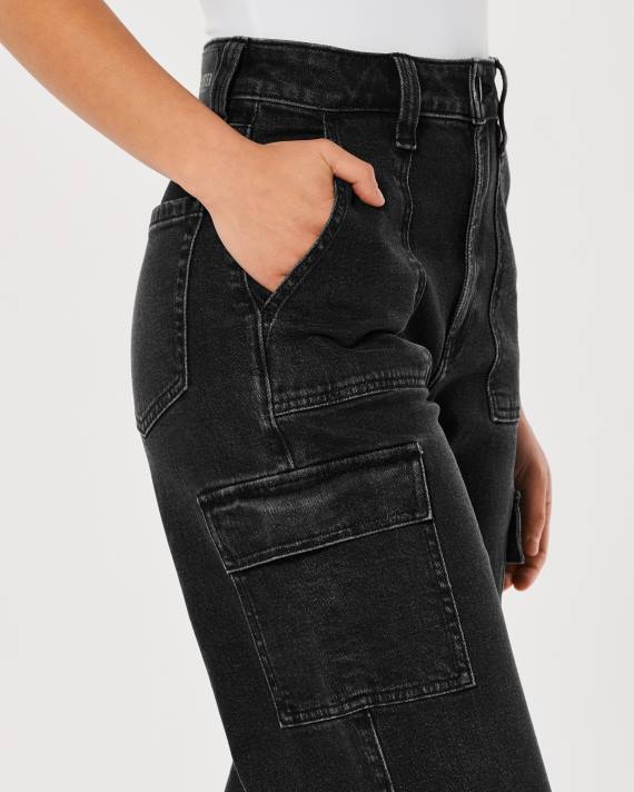 Hollister Kvinder ultra high-rise vaskede sorte cargo baggy jeans 2H8Z753 bunde sort vask