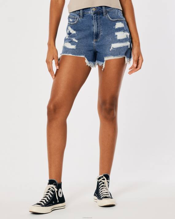 Hollister Kvinder buede, ultra høj-taljede ripped dark wash denim mom shorts 2H8Z745 bunde medium rippet vask