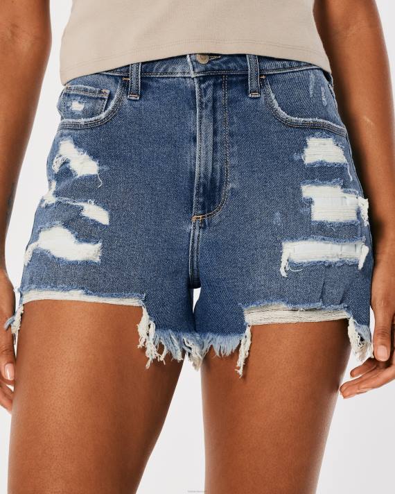 Hollister Kvinder buede, ultra høj-taljede ripped dark wash denim mom shorts 2H8Z745 bunde medium rippet vask