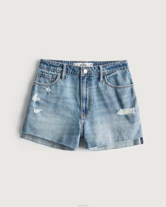 Hollister Kvinder buede, ultrahøje, distressed medium vask denim mom shorts 2H8Z640 bunde medium rippet vask
