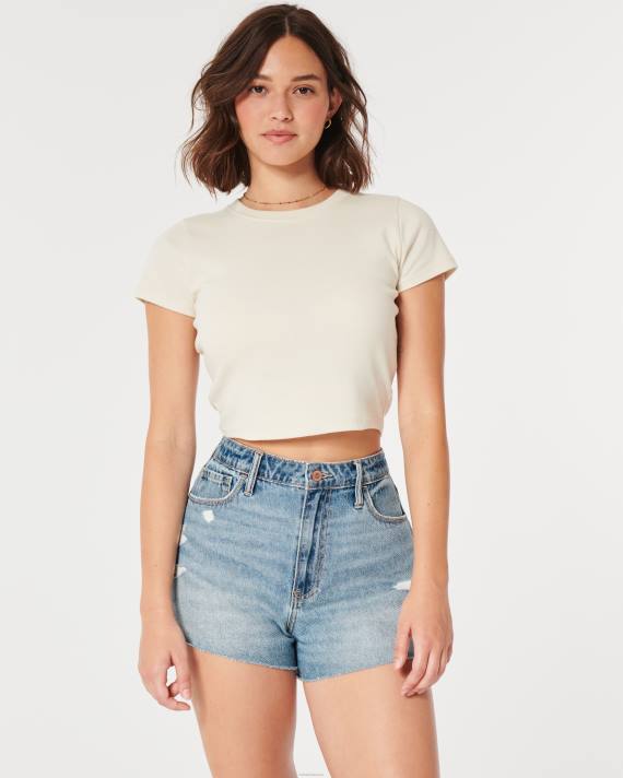 Hollister Kvinder buede, ultrahøje, distressed medium vask denim mom shorts 2H8Z640 bunde medium rippet vask